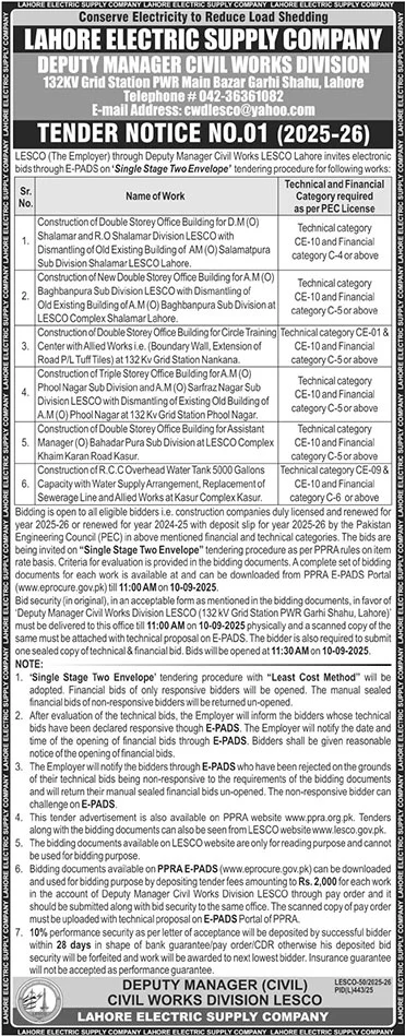Lahore Electric Supply Company Limited Tender Notice